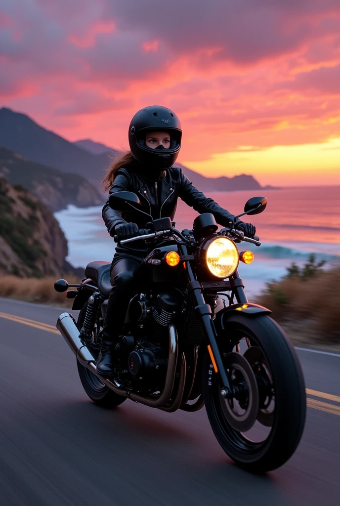 A black motorcycle dashing along the winding coastal road at dusk、A girl on a bike wearing all black