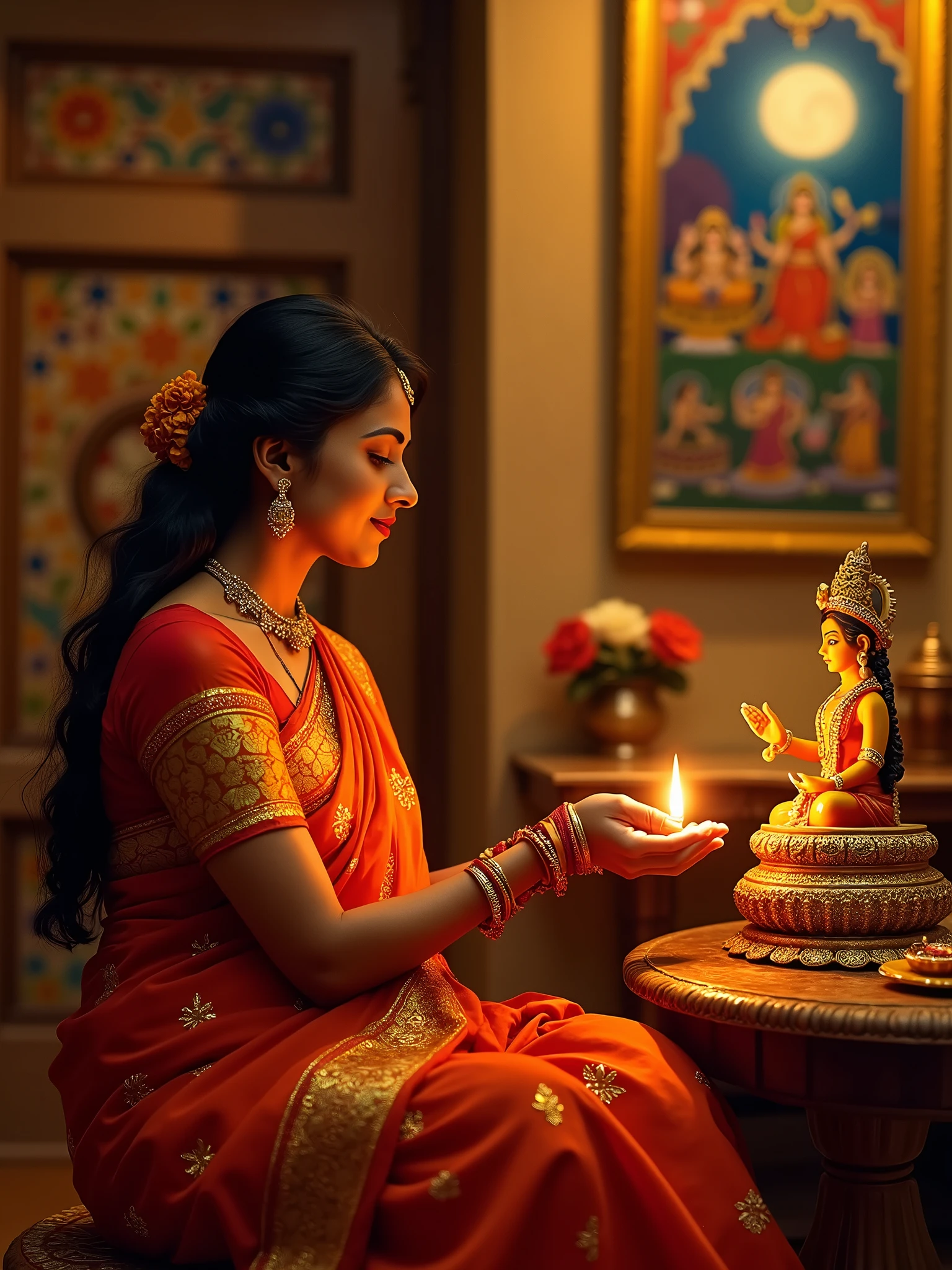 "An Indian woman observing the Karwa Chauth fast, dressed in a traditional saree, performing rituals in the evening. She is seated in front of a small altar, with a clay idol of Goddess Gauri made from yellow clay, placed on a decorative platform. The woman is offering prayers to the idol with devotion, holding a small diya (lamp) and offering Arghya (water) to the moon, visible through a window. The background shows a beautifully adorned wall with a Karwa Chauth painting or poster, depicting traditional symbols. The scene is illuminated by soft, warm lighting, emphasizing the sanctity and cultural richness of the occasion."