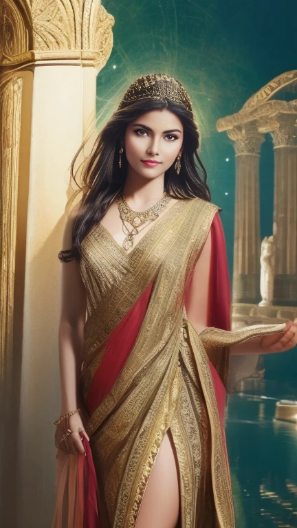 "Imagine an AI-generated image that a majestic Greek goddess. Envision her draped in ethereal, flowing robes adorned with symbols of ancient mythology. Picture her with divine features, radiating strength and beauty, as she holds artifacts of power associated with the gods. Surround her with an aura of celestial light, and place her within a mythical landscape inspired by ancient Greece. Capture the essence of woman as a modern interpretation of a Greek goddess, blending her contemporary charm with the timeless elegance of classical mythology."