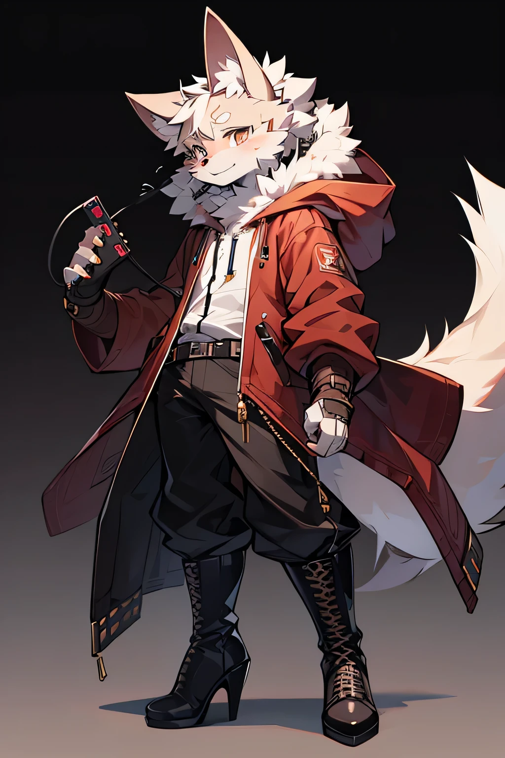 whole body,Beastman,Depict the eyes properly,Wolf,solo,Shota,headphone,Long Parka,Long trousers,Narrow feet,Lace-up long boots,Stiletto heels