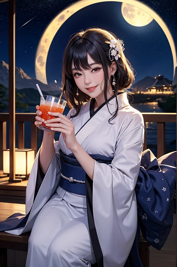 A beautiful woman in a kimono is smiling as she enjoys a drink from a sake cup on a starry full moon night.