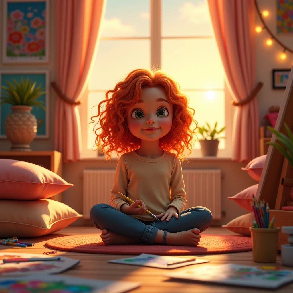 An girl ditying in her room at evening animated 4d render