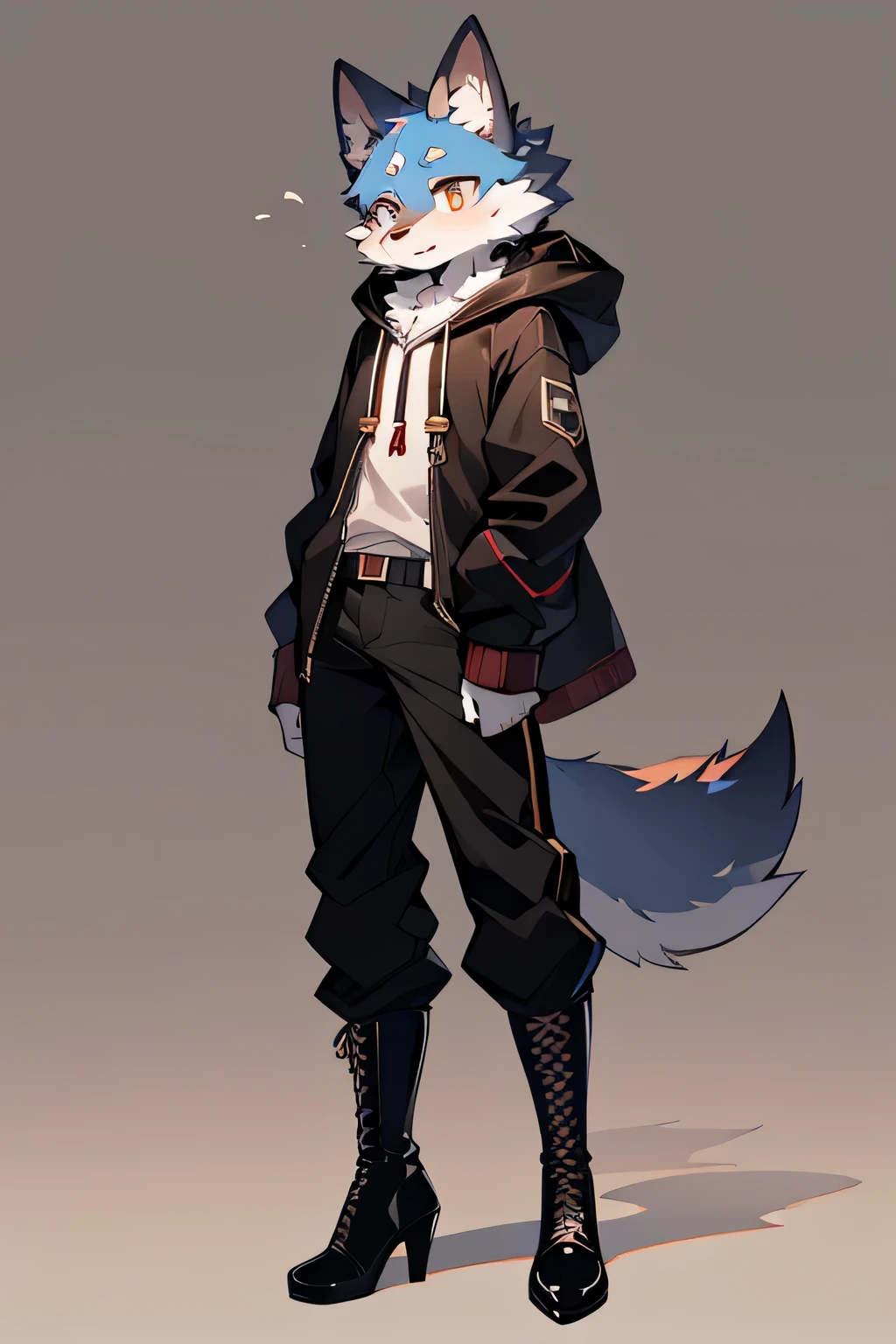 whole body,Beastman,Depict the eyes properly,Wolf,solo,Shota,headphone,Long Parka,Long trousers,Narrow feet,Lace-up long boots,Stiletto heels,ヒールの影