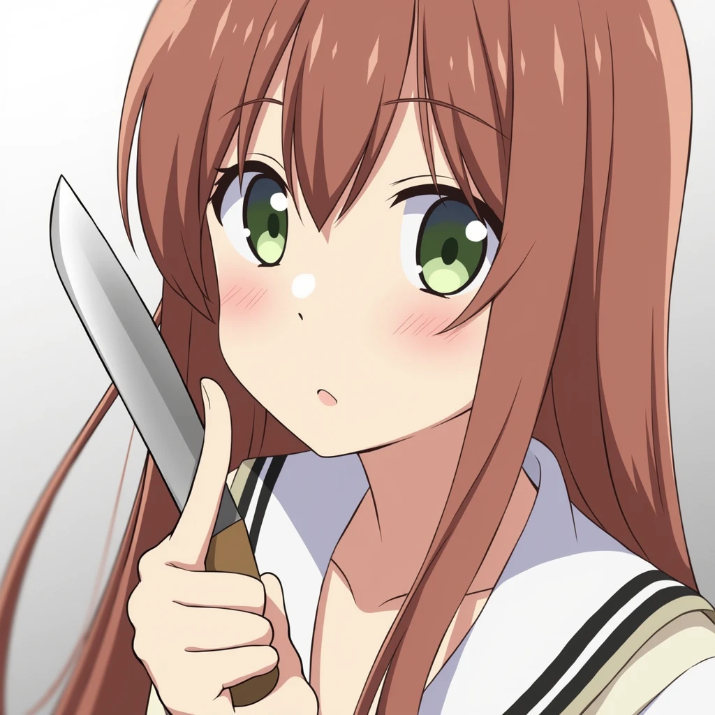 An anime girl with long hair is holding a knife and looking at the camera., Another Iwakura, With index finger, sayori, Run, Famous Makinami, rei hiroe, misato katsuragi, close up Another Iwakura, Anime Moe Art Style, maAlso kitagawa fanart, Chiho, Gap Moe Yandere, As an anime character, Also