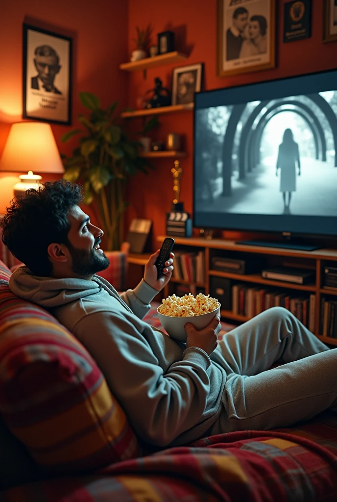 Create an image of a movie lover sitting comfortably in a cozy room, surrounded by classic film posters on the walls. The person is lounging on a plush couch, wrapped in a blanket, with a bowl of popcorn in one hand and a remote in the other. The room is dimly lit by the glow of a large TV screen showing a black-and-white movie. Shelves filled with DVDs, Blu-rays, and film memorabilia like miniature Oscars, director's clapboards, and vintage cameras are visible. The person, dressed in casual, cozy attire like a hoodie and sweatpants, has an expression of pure joy, completely absorbed in the film.This prompt should generate a warm, inviting scene that captures the essence of a true movie enthusiast.