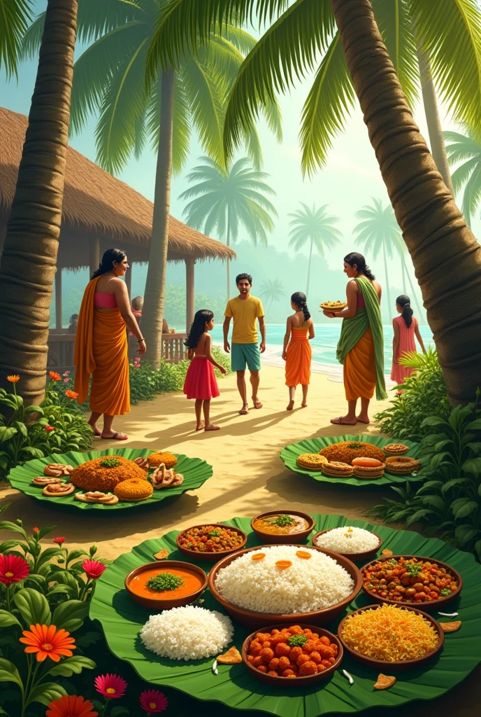 Create a image with village background and south indian banana leaf meals with rice , kids playing , with coconut trees,parents talking

Clear face 