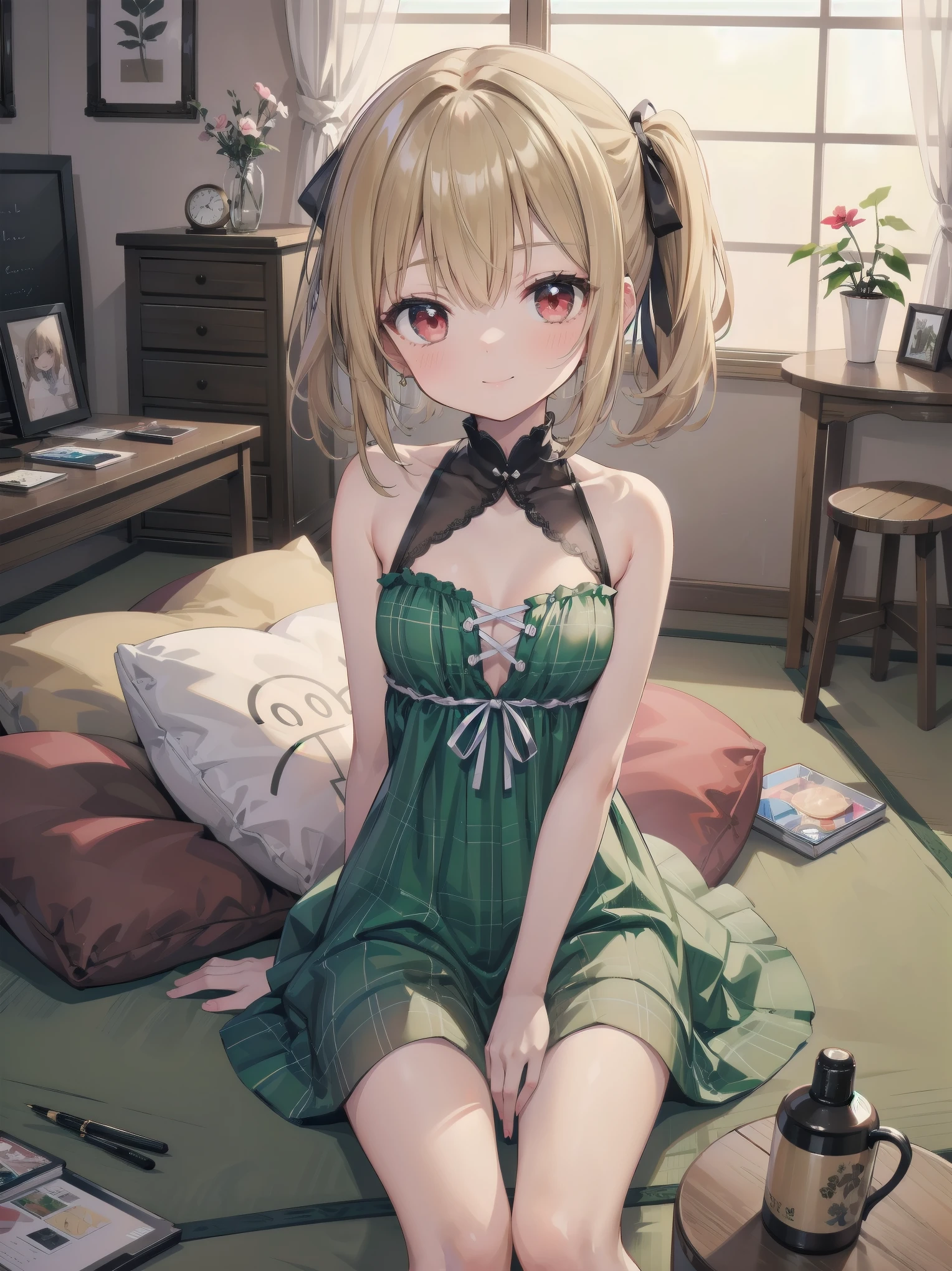Girl in cute pose, (Masterpiece: 1.3), (Best Quality: 1.2), close-up of one beautiful girl, super hyper-detailed illustration,
BREAK
(Body type: girl, small breasts, slender,) charisma by nature,
BREAK
(Face: outstanding looks, mature beauty, ruby red eyes,)
BREAK
(Hairstyle: ponytail, long hair that ends around her chest, layers around her face, not much in the rest of her face. The rest of the hair is not so layered, giving the impression of a heavy haircut. The hair is smooth and straight, and the bangs are long enough to cover the eyes. They are parted and down so that the forehead is slightly visible. The key point is that both ends of the bangs are slightly cut to a length around the cheekbones. Blonde hair. (Lighter hair color than so-called brown or brown hair, half-up hair style tied on one side, left side half bunches or side ponytail),
BREAK
Less revealing dresses, plaid printed splicing dresses, vintage long-sleeved bodycon dresses,
BREAK
Bending forward, arms crossed behind the back, smiling, silky hair
BREAK
Background: warm room with wood grain and green, 7 tatami 1K natural interior, cosmetic table, bed, futon, cushion, chair, accessories, curtains, cute girlish room
