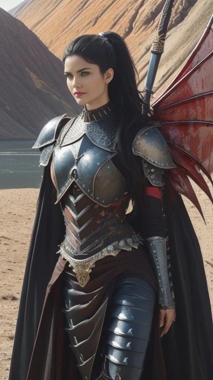 (masterpiece, top quality, best quality, official art, beautiful and aesthetic:1.2), (1girl:1.3), ((Sharp facial features, sharp features, hawkish features)), ((pale skin, orange eyes, big hair, long black hair, ponytail)), extremely detailed, portrait, looking at viewer, solo, (full body:0.6), detailed background, full-body shot, (hot desert mountain theme:1.1), chaos warrior, (spiky helmet), charlatan, smirk, mysterious, swaying in mountains, armor, red metal, brass trim, long boots, blood red fabric, pelvic curtain, loincloth, black leather, ((((dragon wings, spear, heavy armor, blood, blood splatter, armored, long legs, pelvic curtain, toned, muscular)))), cute belly button, toned tummy, slim waist, slim hips, long legs, medieval (mountain exterior:1.1) background, dark mysterious lighting, shadows, magical atmosphere, dutch angle