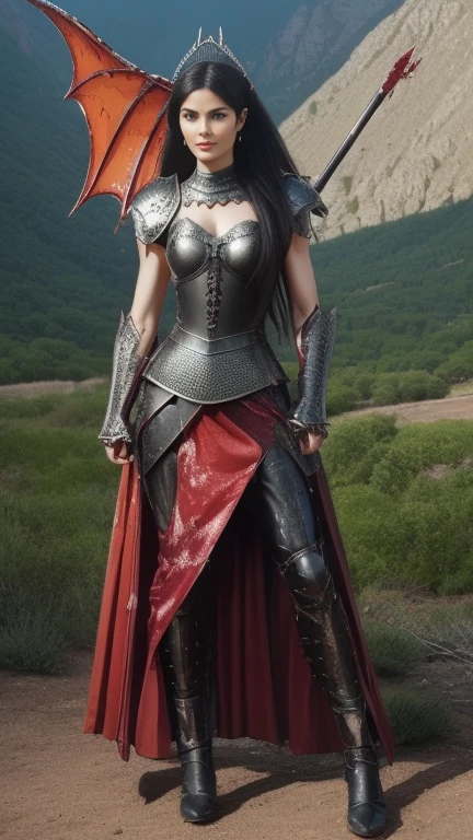 (masterpiece, top quality, best quality, official art, beautiful and aesthetic:1.2), (1girl:1.3), ((Sharp facial features, sharp features, hawkish features)), ((pale skin, orange eyes, big hair, long black hair, ponytail)), extremely detailed, portrait, looking at viewer, solo, (full body:0.6), detailed background, full-body shot, (hot desert mountain theme:1.1), chaos warrior, (spiky helmet), charlatan, smirk, mysterious, swaying in mountains, armor, red metal, brass trim, long boots, blood red fabric, pelvic curtain, loincloth, black leather, ((((dragon wings, spear, heavy armor, blood, blood splatter, armored, long legs, pelvic curtain, toned, muscular)))), cute belly button, toned tummy, slim waist, slim hips, long legs, medieval (mountain exterior:1.1) background, dark mysterious lighting, shadows, magical atmosphere, dutch angle