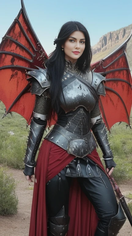 (masterpiece, top quality, best quality, official art, beautiful and aesthetic:1.2), (1girl:1.3), ((Sharp facial features, sharp features, hawkish features)), ((pale skin, orange eyes, big hair, long black hair, ponytail)), extremely detailed, portrait, looking at viewer, solo, (full body:0.6), detailed background, full-body shot, (hot desert mountain theme:1.1), chaos warrior, (spiky helmet), charlatan, smirk, mysterious, swaying in mountains, armor, red metal, brass trim, long boots, blood red fabric, pelvic curtain, loincloth, black leather, ((((dragon wings, spear, heavy armor, blood, blood splatter, armored, long legs, pelvic curtain, toned, muscular)))), cute belly button, toned tummy, slim waist, slim hips, long legs, medieval (mountain exterior:1.1) background, dark mysterious lighting, shadows, magical atmosphere, dutch angle
