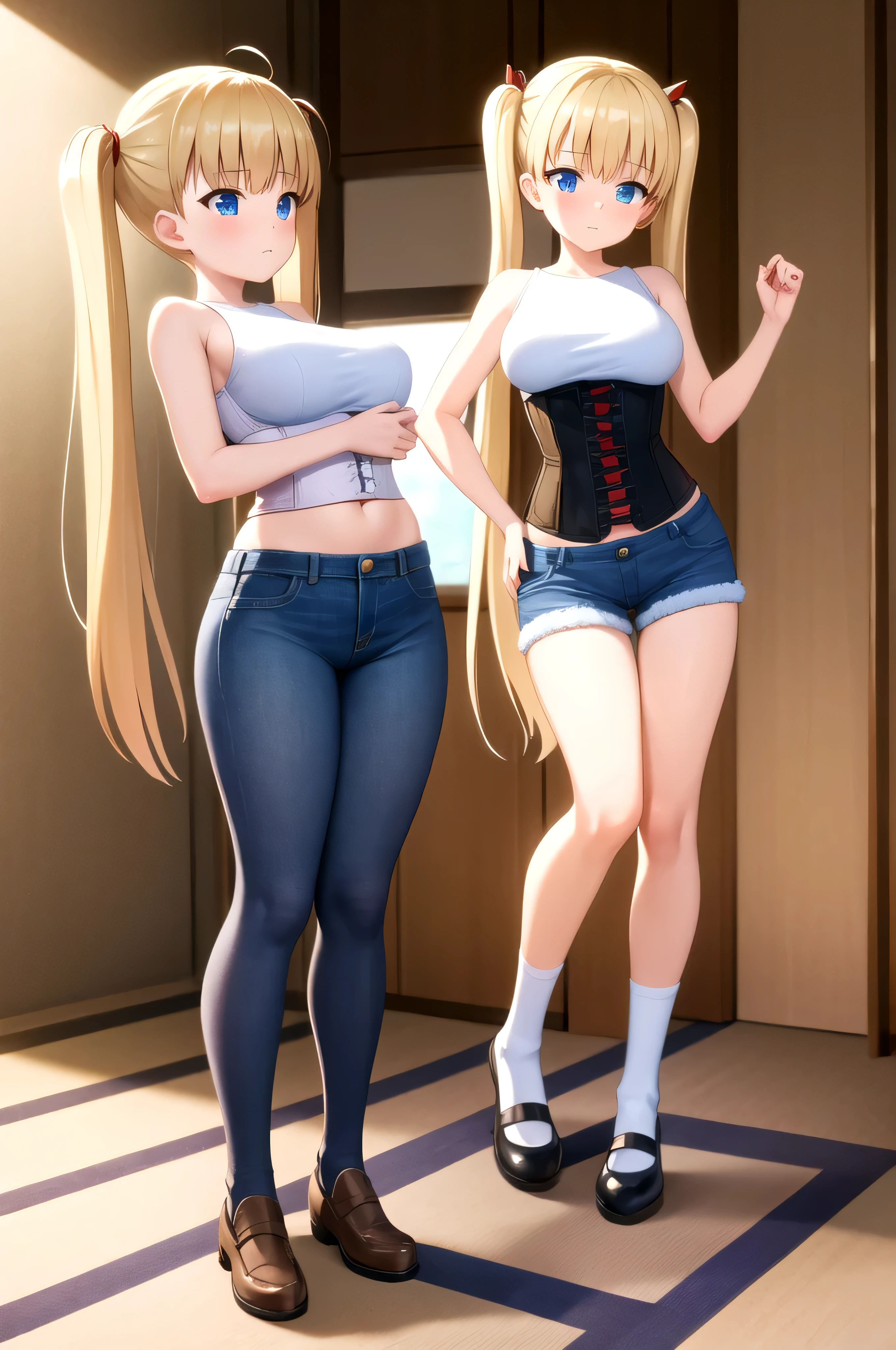 (masterpiece, Best Quality:1.2), absurdities, perfect anatomy, solo 1 girl, full body, looking at the viewer, blunt bangs, ( Denim shorts:1.1), Focus only, Soft lighting, (blue eyes), blonde hair, very long hair, twintails, Airi Akizuki, medium breast, striped tights, corset