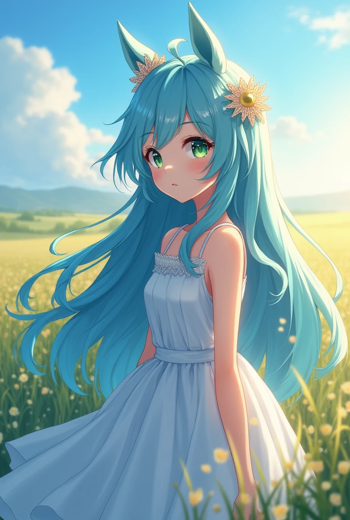 ((masterpiece, best quality)),(illustration),(detailedlight),((anextremelydelicateandbeautiful)),1girl,GodolphinArabian,long hair,blue hair,green eyes,horse ears,horse girl,hair_ornament,white dress, bare shoulders, ,sleeveless,evening dress,long dress,outdoors, light,blue sky, horizon, meadow, wild