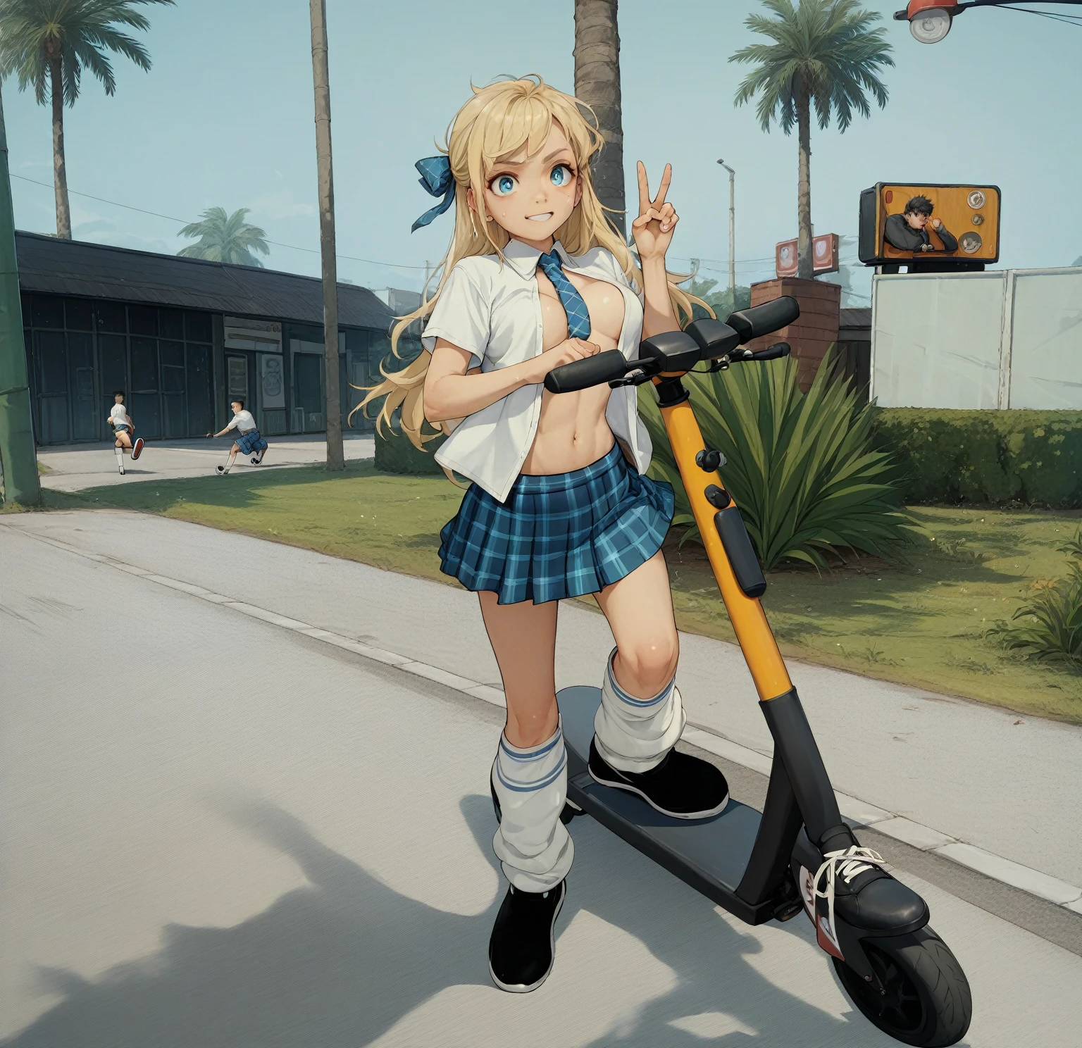 Female 1、A woman is riding a kickboard.、Making a peace sign、No bra、Blue tie、A man is wearing a white shirt with the front open、Blue plaid skirt、White socks、Black leather shoes、Yellow and black kick scooter