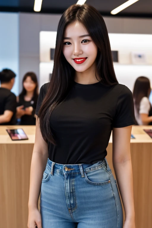 1 korean girl, 20 years old, strikingly beautiful, black hair, delicate facial features, red lips, expressive eyes, in the samsung store,employee, samsung girl, denim pants, black t-shirts, ((awe and joy expression)), kind smile, cowboy shot, holding the samsung smart phone,