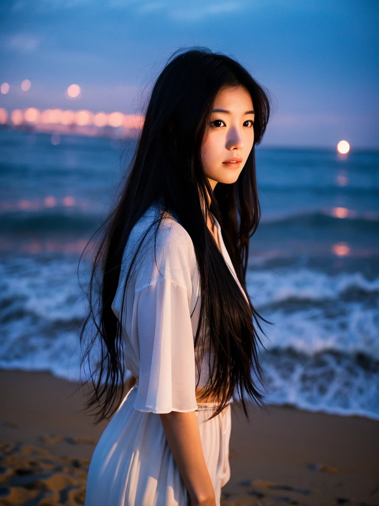 The beach at night by the sea
A Japanese woman with long black hair


