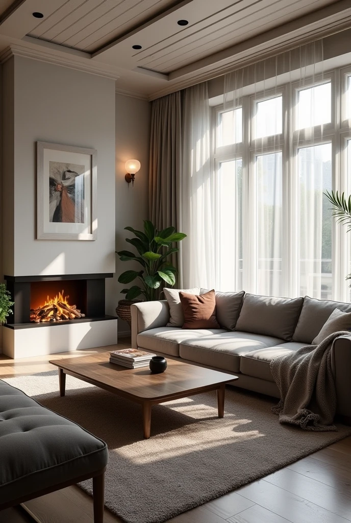 Generate a living room for me that is 30 square meters with a gray corner sofa and a fireplace.
