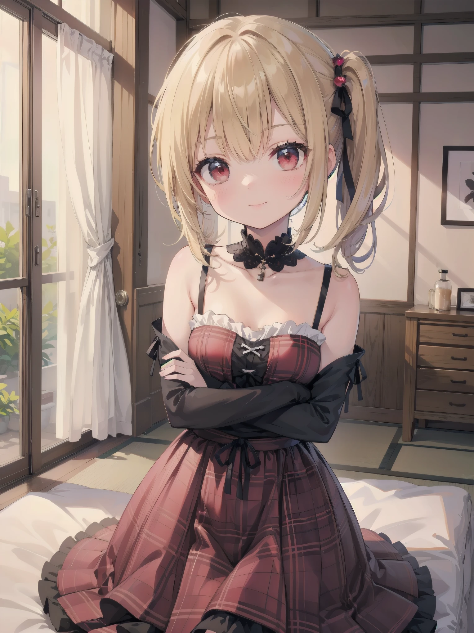 Girl in cute pose, (Masterpiece: 1.3), (Best Quality: 1.2), close-up of one beautiful girl, super hyper-detailed illustration,
BREAK
(Body type: girl, small breasts, slender,) charisma by nature,
BREAK
(Face: outstanding looks, mature beauty, ruby red eyes,)
BREAK
(Hairstyle: ponytail, long hair that ends around her chest, layers around her face, not much in the rest of her face. The rest of the hair is not so layered, giving the impression of a heavy haircut. The hair is smooth and straight, and the bangs are long enough to cover the eyes. They are parted and down so that the forehead is slightly visible. The key point is that both ends of the bangs are slightly cut to a length around the cheekbones. Blonde hair. (Lighter hair color than so-called brown or brown hair, half-up hair style tied on one side, left side half bunches or side ponytail),
BREAK
Less revealing dresses, plaid printed splicing dresses, vintage long-sleeved bodycon dresses,
BREAK
Bending forward, arms crossed behind the back, smiling, silky hair
BREAK
Background: warm room with wood grain and green, 7 tatami 1K natural interior, cosmetic table, bed, futon, cushion, chair, accessories, curtains, cute girlish room