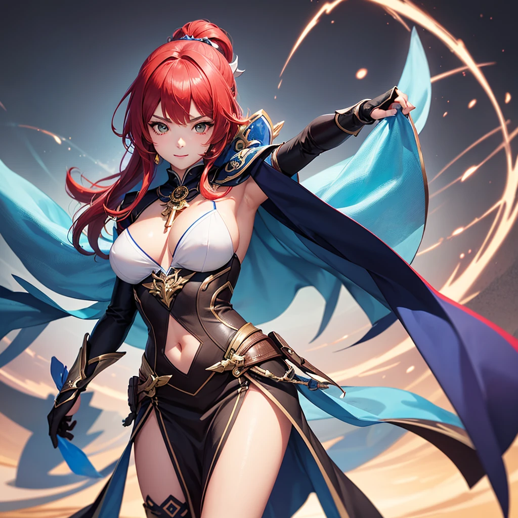 woman with long red hair and armor, ayaka genshin impact, ayaka game genshin impact, zodiac knight girl portrait, female protagonist, Kushard Krenz key art feminine, valentine shuffle, genshin impact character, Genshin, That's Right, Artgerm and Ati Gairan, Portrait Knight Female,cowboy shot,(full body:1.5, 1 girl, solo focus)