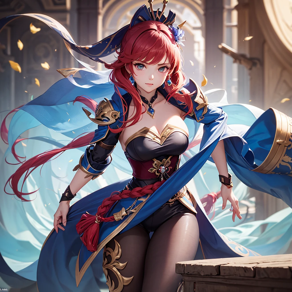 woman with long red hair and armor, ayaka genshin impact, ayaka game genshin impact, zodiac knight girl portrait, female protagonist, Kushard Krenz key art feminine, valentine shuffle, genshin impact character, Genshin, That's Right, Artgerm and Ati Gairan, Portrait Knight Female,cowboy shot,(full body:1.5, 1 girl, solo focus)