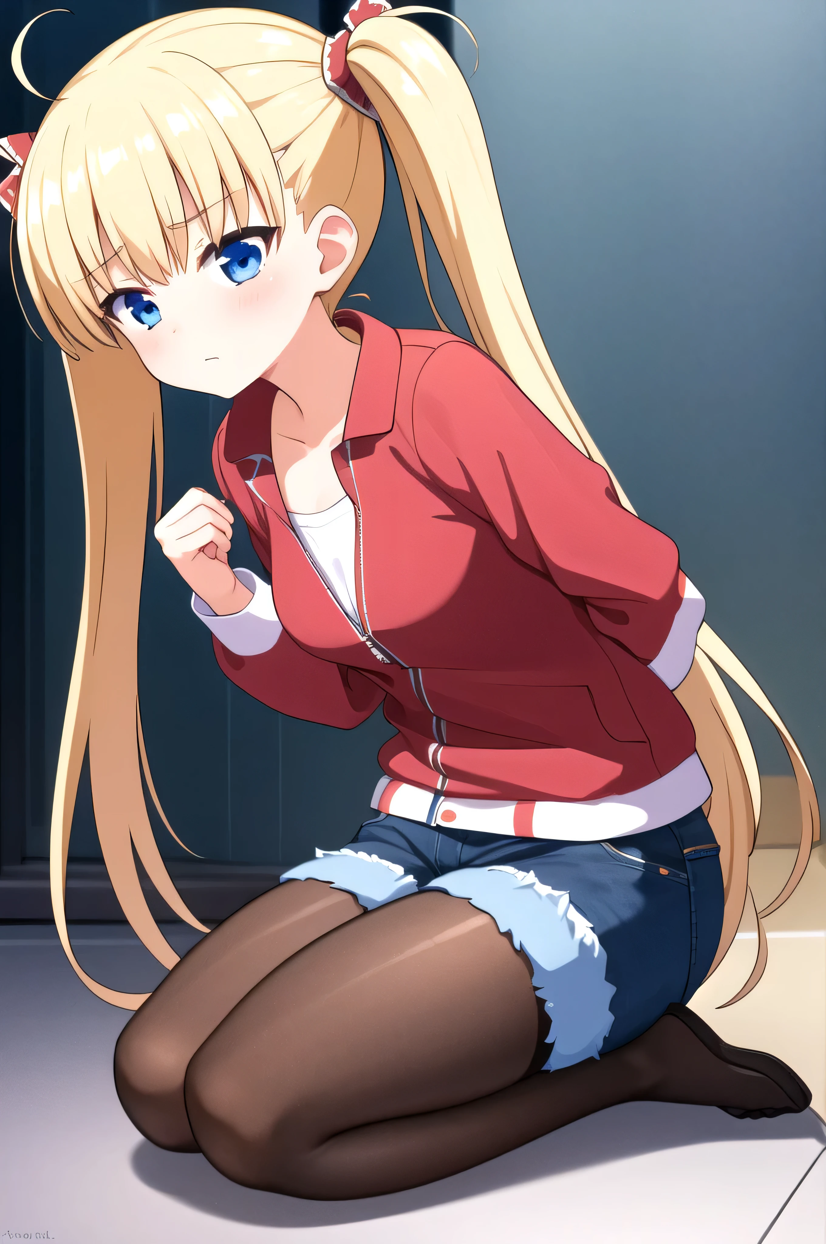 (masterpiece, Best Quality:1.2), absurdities, perfect anatomy, solo 1 girl, full body, looking at the viewer, blunt bangs, ( Denim shorts:1.1), Focus only, Soft lighting, (blue eyes), blonde hair, very long hair, twintails, Airi Akizuki, medium breast, striped tights, nun costume