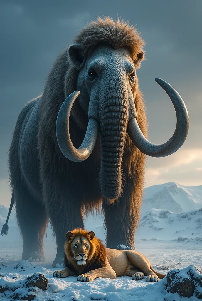 "Create a powerful scene featuring a towering woolly mammoth standing dominantly over a fallen lion . The mammoth's large, 
