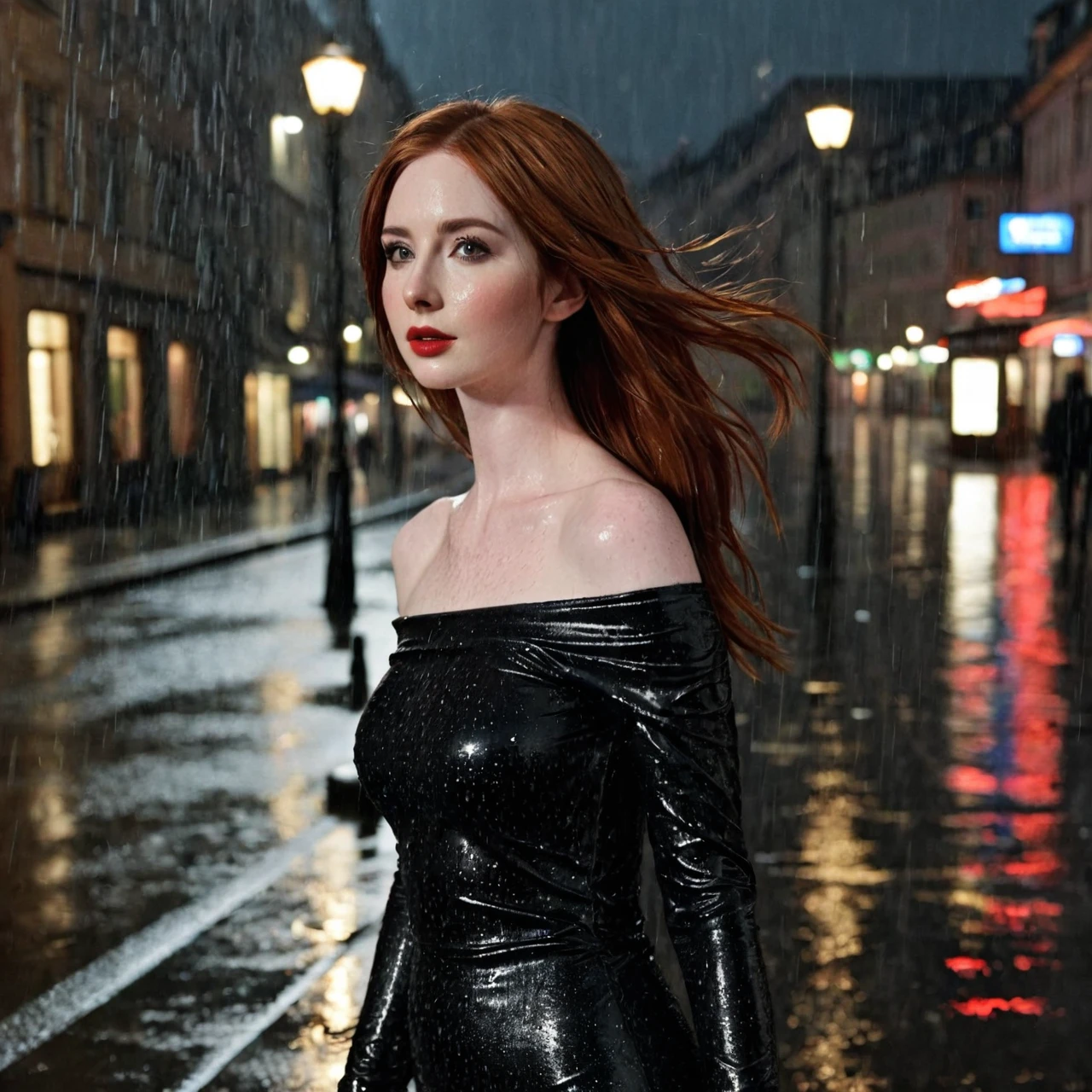 “Um close de Karen Gillan, shorth hair, body skinny, narrow waisted, (abdomen:0.7), out in public in a German city ((at night under a torrential downpour)) com leggings de spandex e top branco transparente (smoky dark eyes and lipstick ) with a thoughtful expression, wearing a dark, off the shoulder dress and a single, statement jewelry, The background should be out of focus and feature soft, warm tonesâ (soggy) (hair wet, body soaking wet, wetclothes)