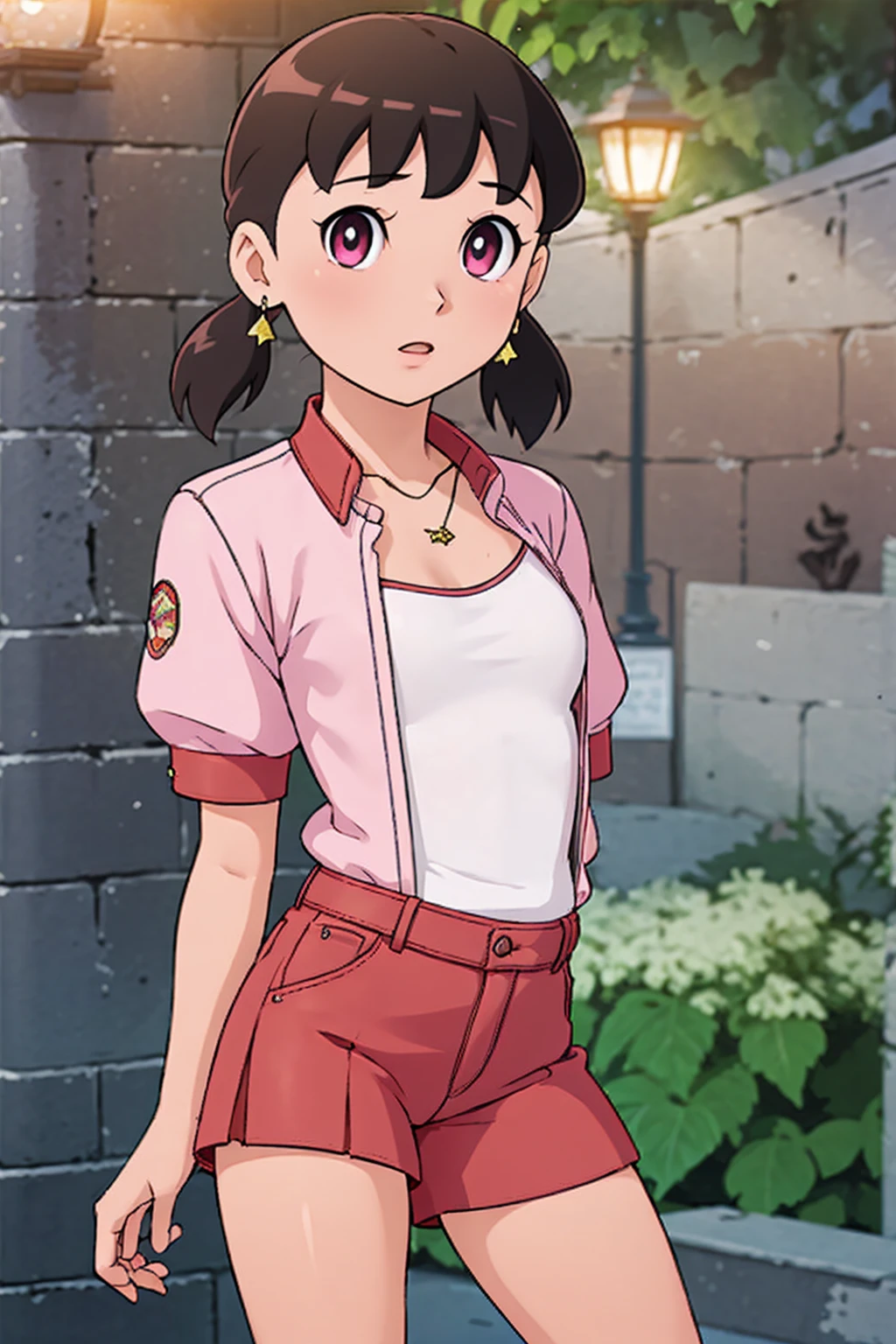 (masterpiece, best quality, 1 girl, solo, intricate details, chromatic aberration), realistic, ((medium breath)),long hair, red hair, red decoration on the head, pink highlights, amber eyes, earrings, sharp eyes, necklace, neon shirt, ripped shorts, unbuttoned jacket, turtleneck, night, against the wall, brick wall, graffiti, dim lighting, alley, look at the viewer