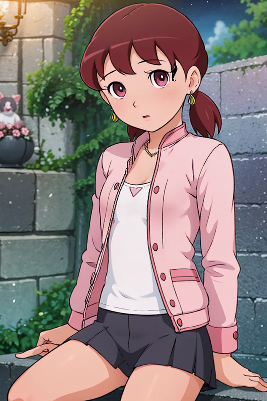 (masterpiece, best quality, 1 girl, solo, intricate details, chromatic aberration), realistic, ((medium breath)),long hair, red hair, red decoration on the head, pink highlights, amber eyes, earrings, sharp eyes, necklace, neon shirt, ripped shorts, unbuttoned jacket, turtleneck, night, against the wall, brick wall, graffiti, dim lighting, alley, look at the viewer