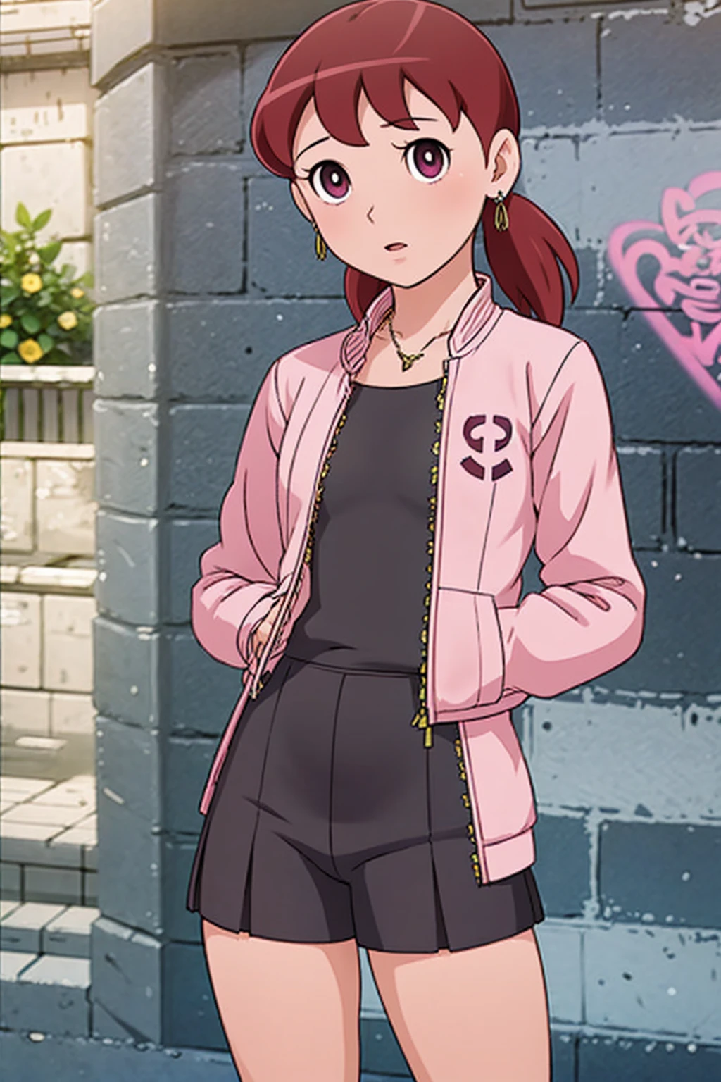 (masterpiece, best quality, 1 girl, solo, intricate details, chromatic aberration), realistic, ((medium breath)),long hair, red hair, red decoration on the head, pink highlights, amber eyes, earrings, sharp eyes, necklace, neon shirt, ripped shorts, unbuttoned jacket, turtleneck, night, against the wall, brick wall, graffiti, dim lighting, alley, look at the viewer