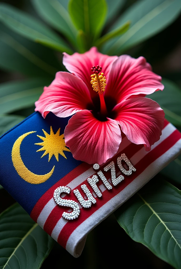 The Malaysian flag is embroidered with a hibiscus flower and an inscription of the name 'Suriza' inlaid with diamonds.