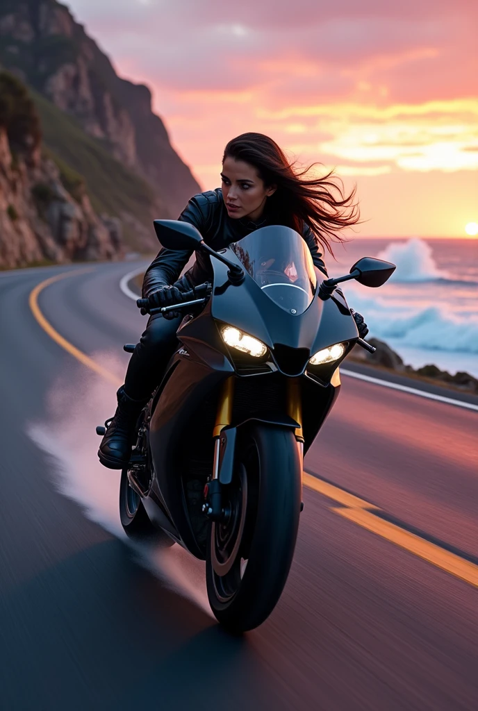 A black sports bike dashing along the winding coastal road at dusk、A girl on a bike wearing all black with her hair flowing