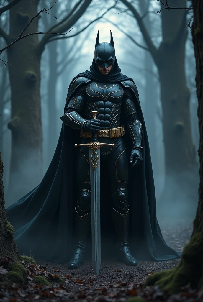 the Dark Knight in black armor, Stab the two-handed sword into the ground, Hold the hilt of the sword with both hands, Black Cape,Otherworldly Armor,Gold color line,Night Forest,fog,Cloak fluttering in the wind,(Wear a black robe over your armor). wearing a hood. 