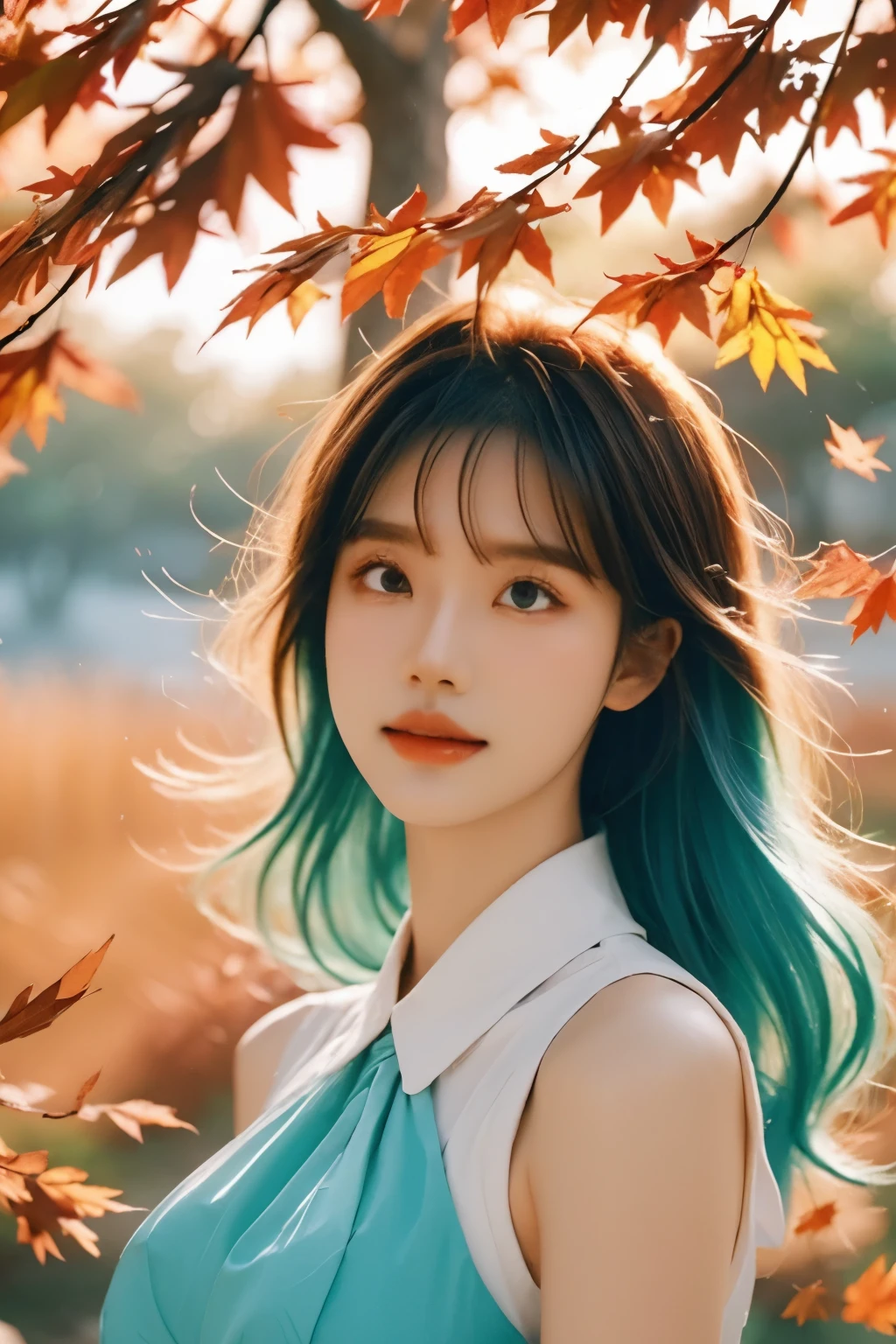 (High Detail:1.2)Anime Girl,(Cinematic Lighting,Delicate Colors),(Falling Leaves:1.2), Calm Lighting, Wind, Fog. Turquoise, delta shades. discord banner  