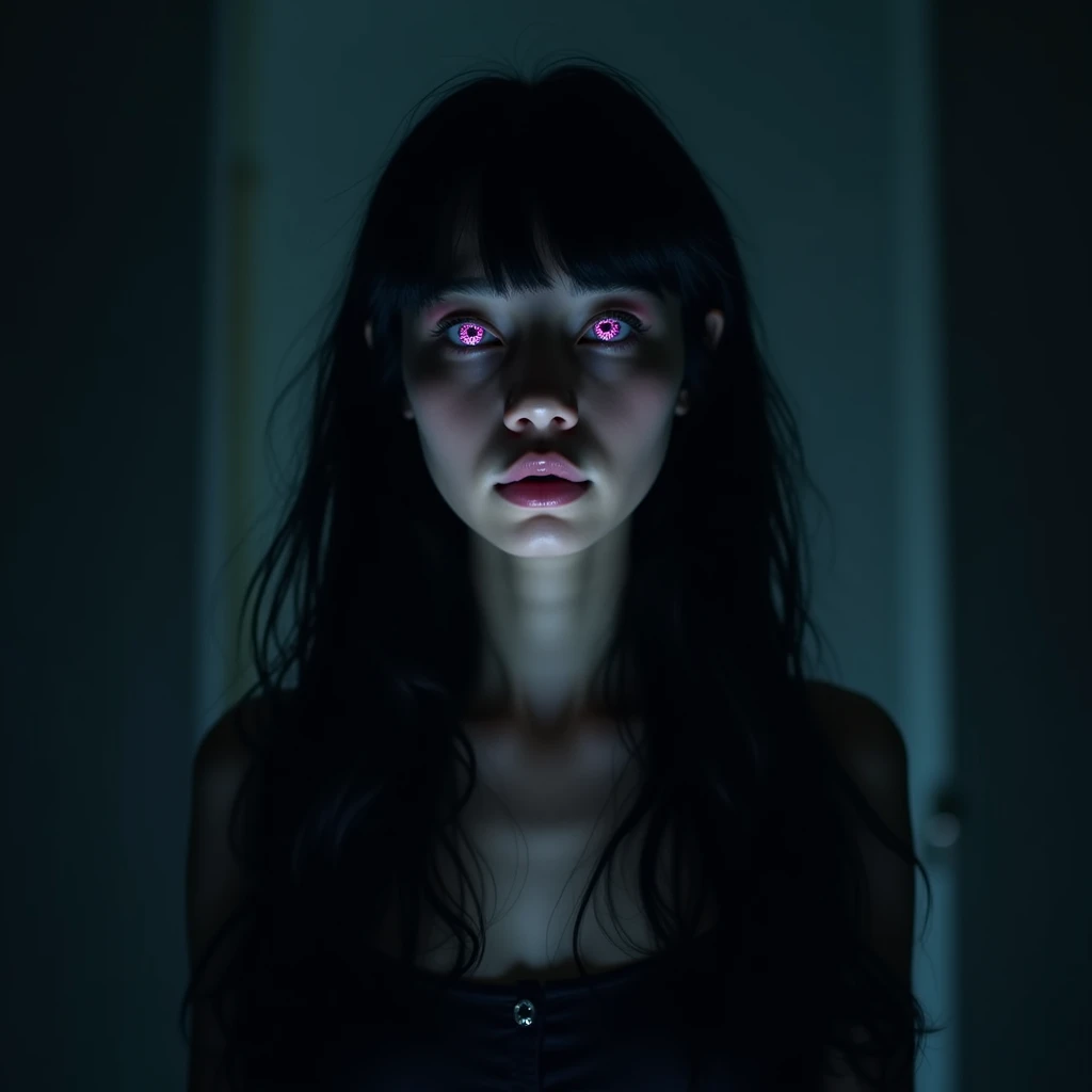 Long black hair with light shining from below, One person, bangs, Pink Eyes, Close your mouth,