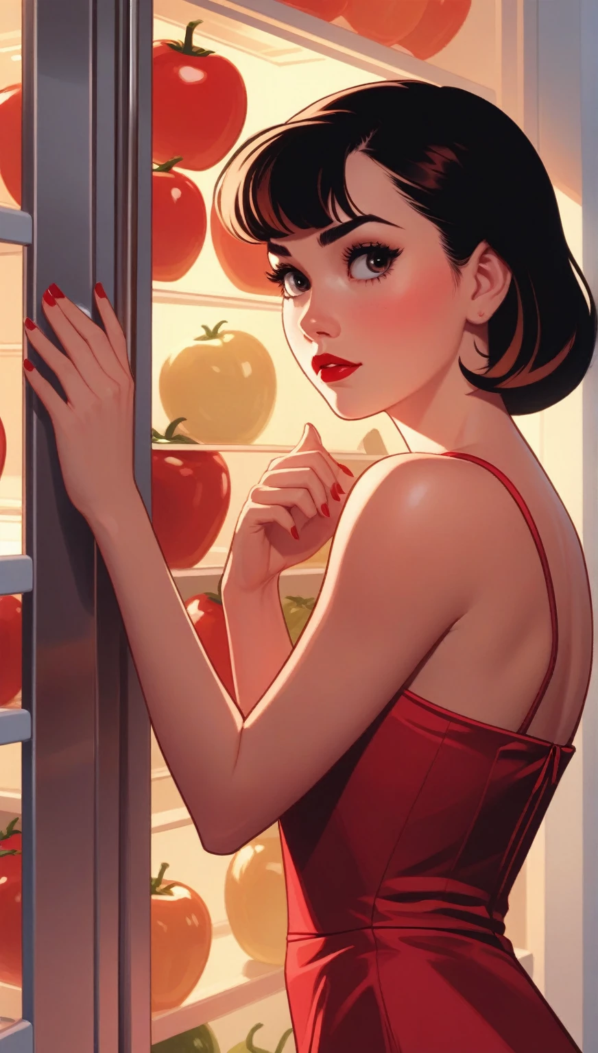 A close-up of a woman in a red dress looking inside a refrigerator., Art Style : Ilia Kuvshinov, artgerm and Ilia Kuvshinov, Ilia Kuvshinov. 4k, adam hughes, Betty Cooper, ( Ilia Kuvshinov ), inspired by Ross Tran, In the style of Ross Tran,