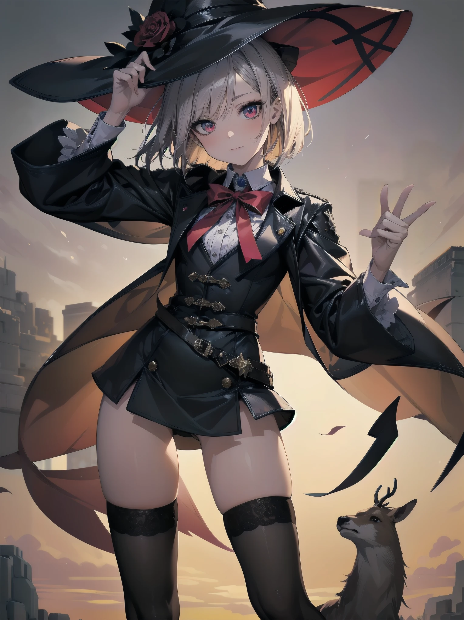 (Masterpiece artwork: 1.3), (top-quality: 1.2), Grande plano de one rapariga bonita, Ultra-detailed illustration, Ultra-high quality, high qualiy, top-quality, members, Fingers, beautiful and slender girl, one, Eyes red, leather witch cosplay, little devil, bob cut, black stocking, deer hat, illuminated kinematics