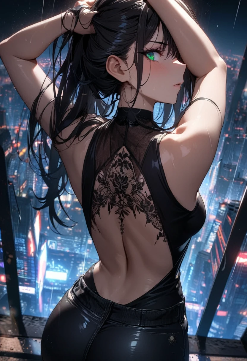 1girl,solo,back profile,detailed close up on black skinny jeans,detailed close up on bedazzling emerald eye looking at you,serious eye,intense gaze,magnificent long black hair covering one eye,black jacket,black neon city,sexy pose,hands overhead,sexy stretch,erotic pose,adjusting hair,dramatic rainstorm,black tank top,detailed close up on black skinny jeans,goth tattoo on backside,cinematic glitter,nighttime,extremely detailed,masterpiece,HDR,4K,best quality,trending on danbooru