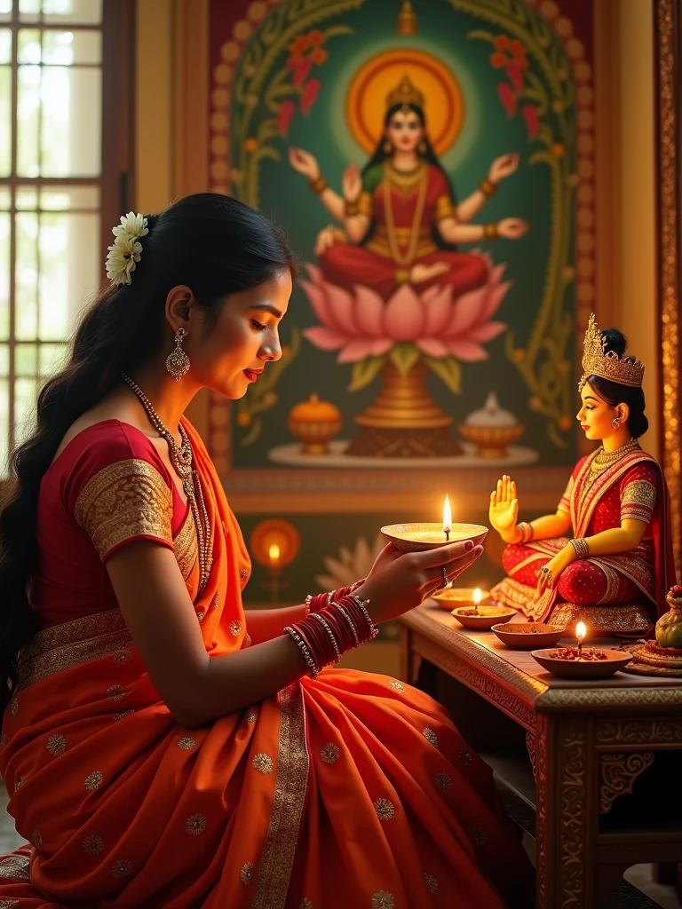 "An Indian woman observing the Karwa Chauth fast, dressed in a traditional saree, performing rituals in the evening. She is seated in front of a small altar, with a clay idol of Goddess Gauri made from yellow clay, placed on a decorative platform. The woman is offering prayers to the idol with devotion, holding a small diya (lamp) and offering Arghya (water) to the moon, visible through a window. The background shows a beautifully adorned wall with a Karwa Chauth painting or poster, depicting traditional symbols. The scene is illuminated by soft, warm lighting, emphasizing the sanctity and cultural richness of the occasion."