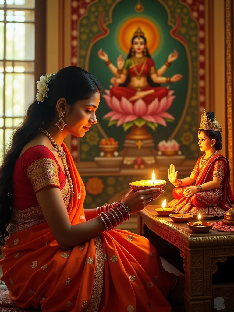 "An Indian woman observing the Karwa Chauth fast, dressed in a traditional saree, performing rituals in the evening. She is seated in front of a small altar, with a clay idol of Goddess Gauri made from yellow clay, placed on a decorative platform. The woman is offering prayers to the idol with devotion, holding a small diya (lamp) and offering Arghya (water) to the moon, visible through a window. The background shows a beautifully adorned wall with a Karwa Chauth painting or poster, depicting traditional symbols. The scene is illuminated by soft, warm lighting, emphasizing the sanctity and cultural richness of the occasion."