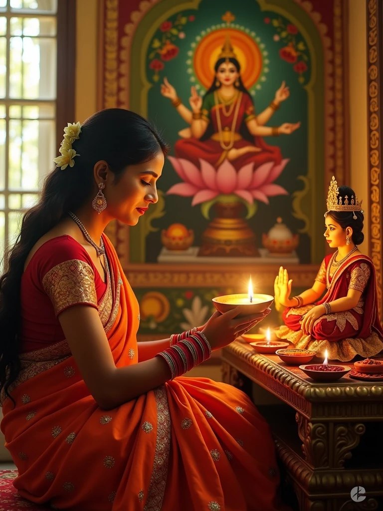 "An Indian woman observing the Karwa Chauth fast, dressed in a traditional saree, performing rituals in the evening. She is seated in front of a small altar, with a clay idol of Goddess Gauri made from yellow clay, placed on a decorative platform. The woman is offering prayers to the idol with devotion, holding a small diya (lamp) and offering Arghya (water) to the moon, visible through a window. The background shows a beautifully adorned wall with a Karwa Chauth painting or poster, depicting traditional symbols. The scene is illuminated by soft, warm lighting, emphasizing the sanctity and cultural richness of the occasion."