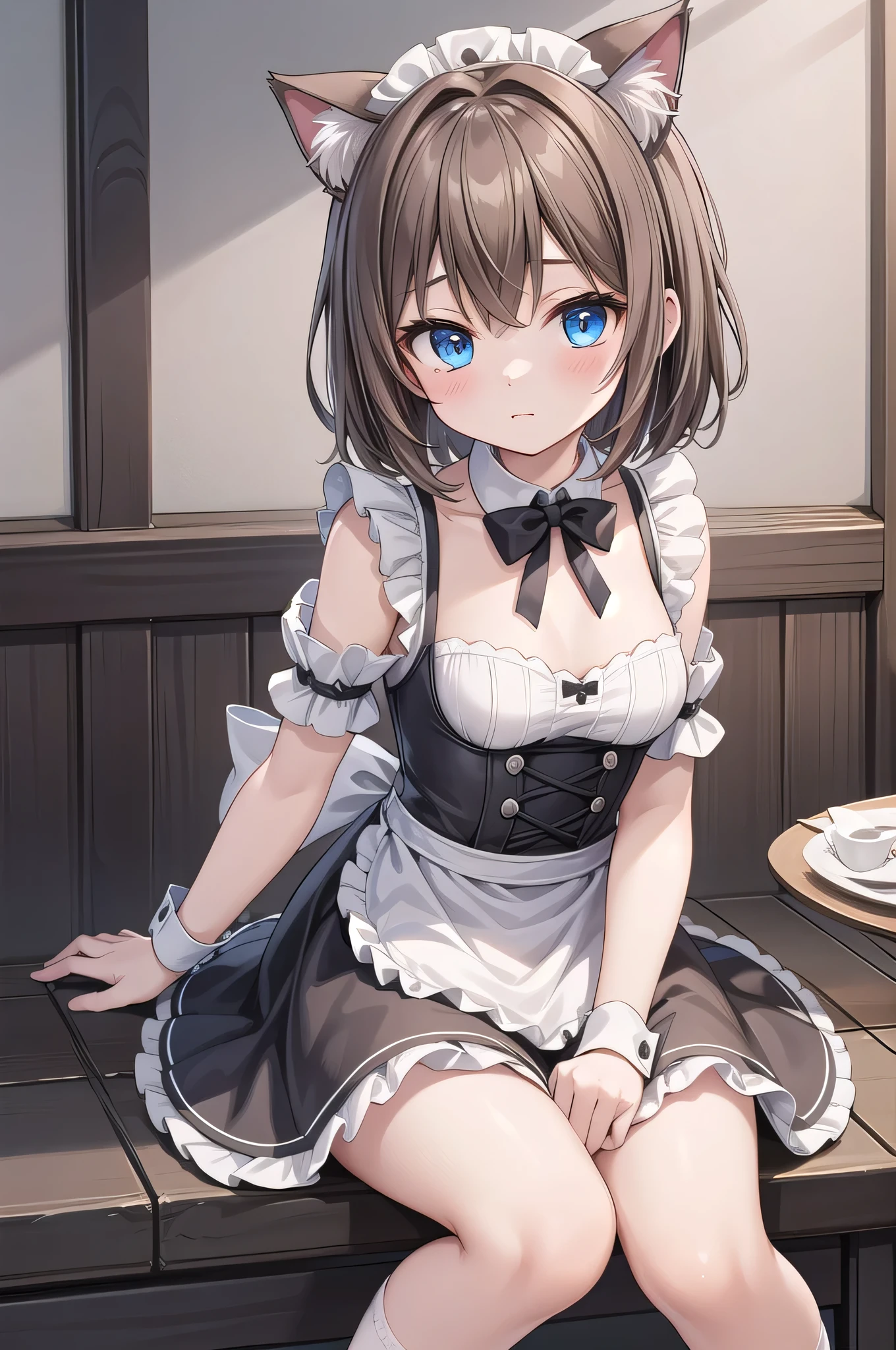Solo Girl, 20-year-old,Medium Hair, Light brown hair, Mid-chest, highest quality, High resolution, Very detailed, Detailed Background, Perfect lighting、Extreme maid outfit、very cute, Blue eyes, a pair of cat ears, Blush, white silk socks, lace, stand