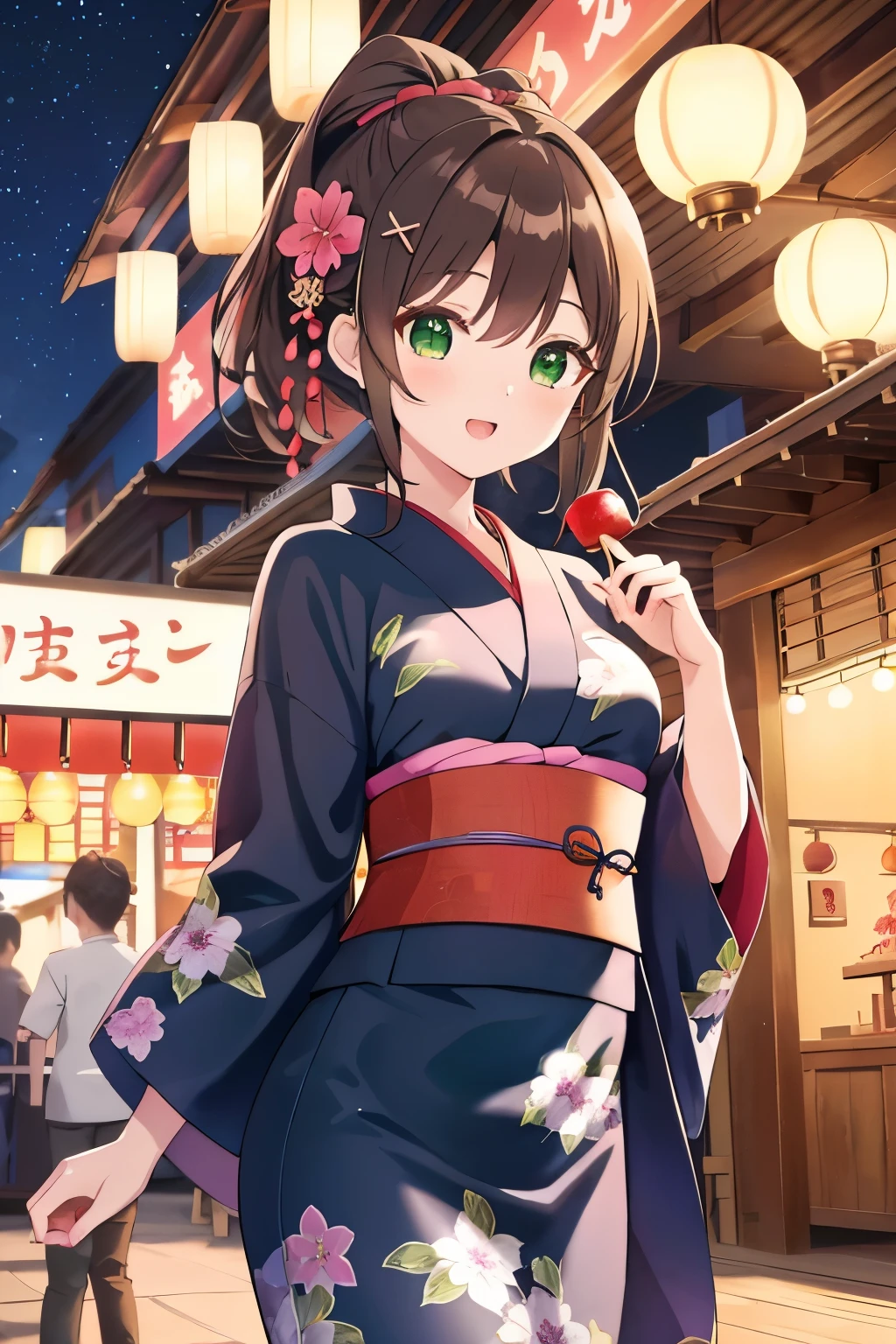 ((masterpiece, Highest quality, High resolution, 超High resolution, Pixel perfect, Written boundary depth, 4K, RTTX 10.0, High resolution))), 1 person, single, alone, Beautiful Anime, Beautiful art style, Anime characters, ((Shortcuts, bangs, Dark brown hair)), ((Green Eyes:1.4, Round eyes, Beautiful eyelashes, current eyes)), ((Smooth texture:0.75, Anime CG style)), ((Dynamic Angle, close)), Perfect body, (cute), Normal chest, whole body, ((4K, 8k, Highest quality, Perfect Fingers: 1.3, Perfect Anatomy: 1.3, Background Blur)), whole bodyアングル, Illustration of people wearing yukata enjoying the summer festival, The character is wearing a gorgeous floral yukata., Hair is tied up, Cool-looking hairpins are on display, She has a candy apple in her hand, They are happily touring the food stalls., In the background, fireworks sparkle in the night sky and street stalls are lined up with lanterns., The lively and energetic scenery of the summer festival unfolds., Overall enjoyable, Seasonal atmosphere