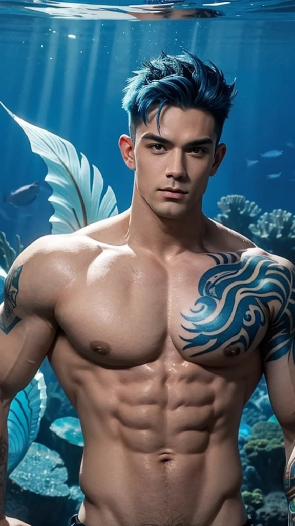 muscular marman with blue hair, underwater, with big fins, with a sexy look on his face, perfect and smooth body with tattoos on chest and shoulders