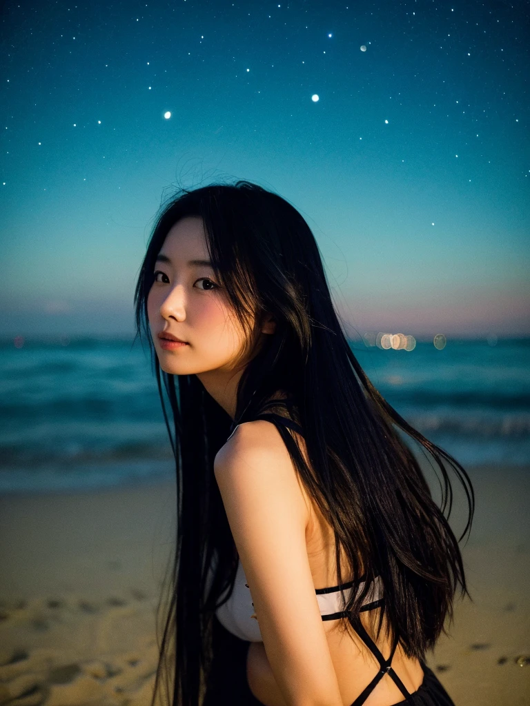 The beach by the night sea
A Japanese woman with long black hair
The starry sky

