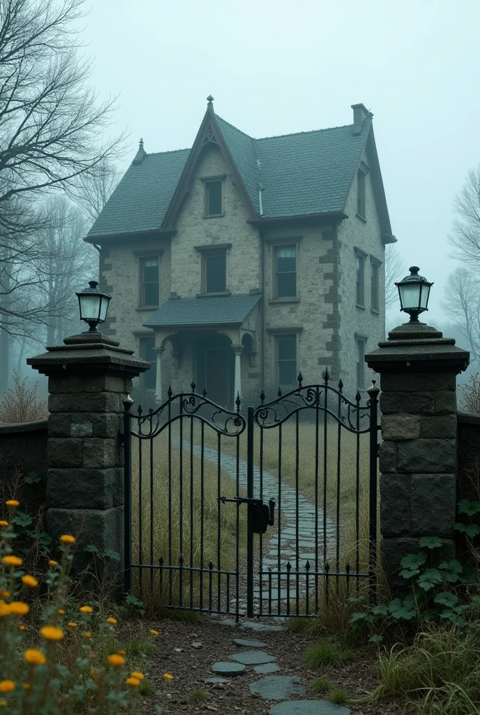 Old, decrepit mansion in the countryside, labeled "The Cursed Mansion"