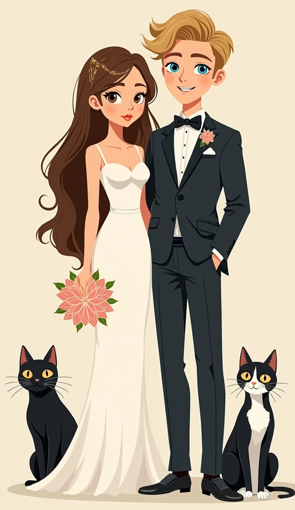 A simple and creative illustration of a chic and minimalist wedding invitation. The design showcases a radiant bride with sleek, wavy brown hair and captivating dark-brown eyes, and a dashing groom with voluminous, wavy blonde hair and mesmerizing blue eyes. Their elegance is further accentuated by their refined attire. The couple's two cherished cats at the corner, Ponyo, a noble, short haired black female, and Roku, a charming black and white male with a curious amber eyes, grace the corner of the invitation, adding an enchanting touch of whimsy and endearing charm.