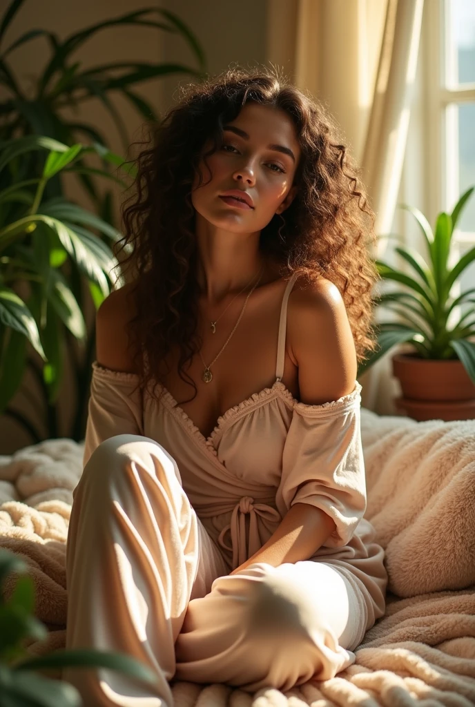 (photorealism:1.2), beautiful woman, sitting on bed, wearing loose off-shoulder top, pajama pants, long curly hair, indoors, soft lighting, plants in background, window with sunlight, cozy room, relaxed pose, realistic, intricate details, warm colors, by Greg Rutkowski, by Alphonse Mucha