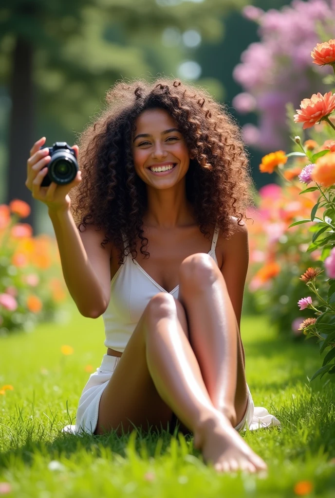 A brunette girl with curly hair and big breasts sits with her legs stretched out, taking a realistic photo