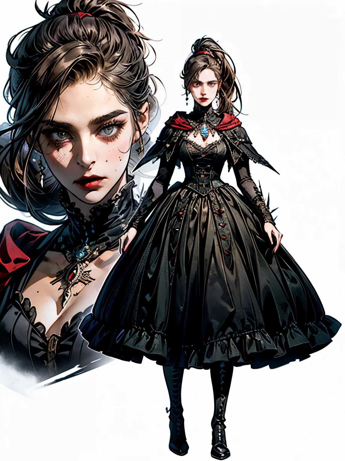 (((masterpiece, of the highest quality, super detailed))), hand drawn style, hand painted style, watercolour, sketch, a knight, white background, plain background, Bloodborne inspired, tatty Bloodborne attire, occult aesthetic, occult, tatty red and white clothing detailed and intricate steampunk and detailed gothic ta (with a hood), long coat, very thin long legs, Complex laced boots, Fluttering lace flared long knee length dress with frilly petticoats, long dress, knee length dress, petticoats gothic lolibeautiful small breasts, (((( Highly detailed face))), small thin nose, Small thin lips mouth, (((Very sharp focused eyes))), Very large slit precision pale grey eyes that shine like jewels. ((dark hair)), ((long ponytail, thick ponytail, heavy ponytail)), very long eyelashes, white background, Very dramatic and cinematic lighting, tatty damaged old red and white clothing, full body, whole body, body, cosmic horror, grim dark