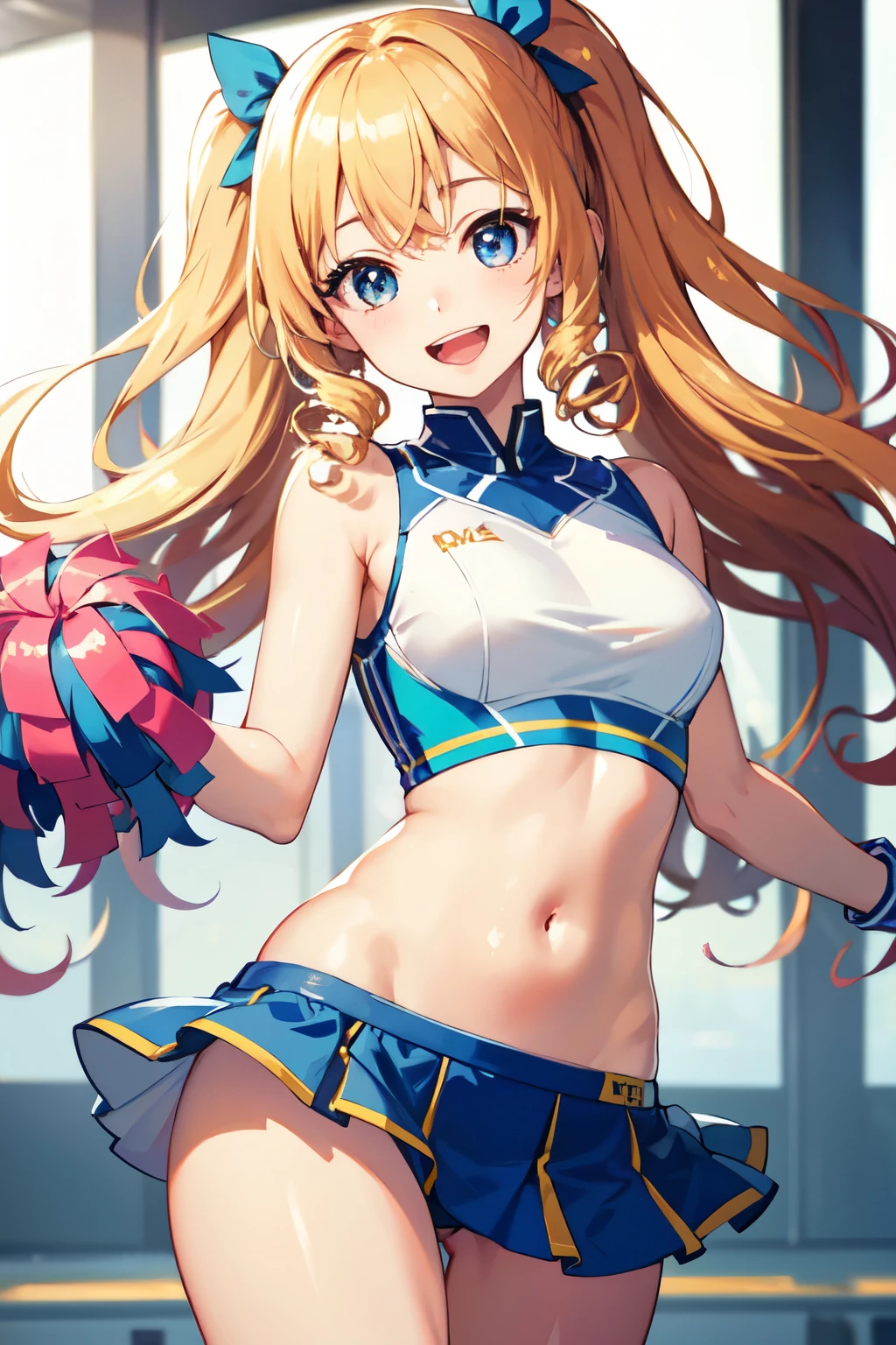 Very detailed、Highest quality、Best image quality、masterpiece、8k、Anime Face、A kind smile、(Open your mouth:1.5)、Sparkling Blue Eyes、Long blonde curly hair、Cheerleader clothes